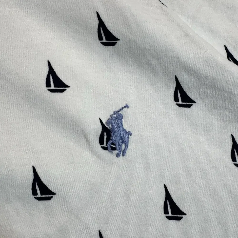 Polo Ralph Lauren Polo Shirt Mens L White Custom Slim Fit Sailboat Print